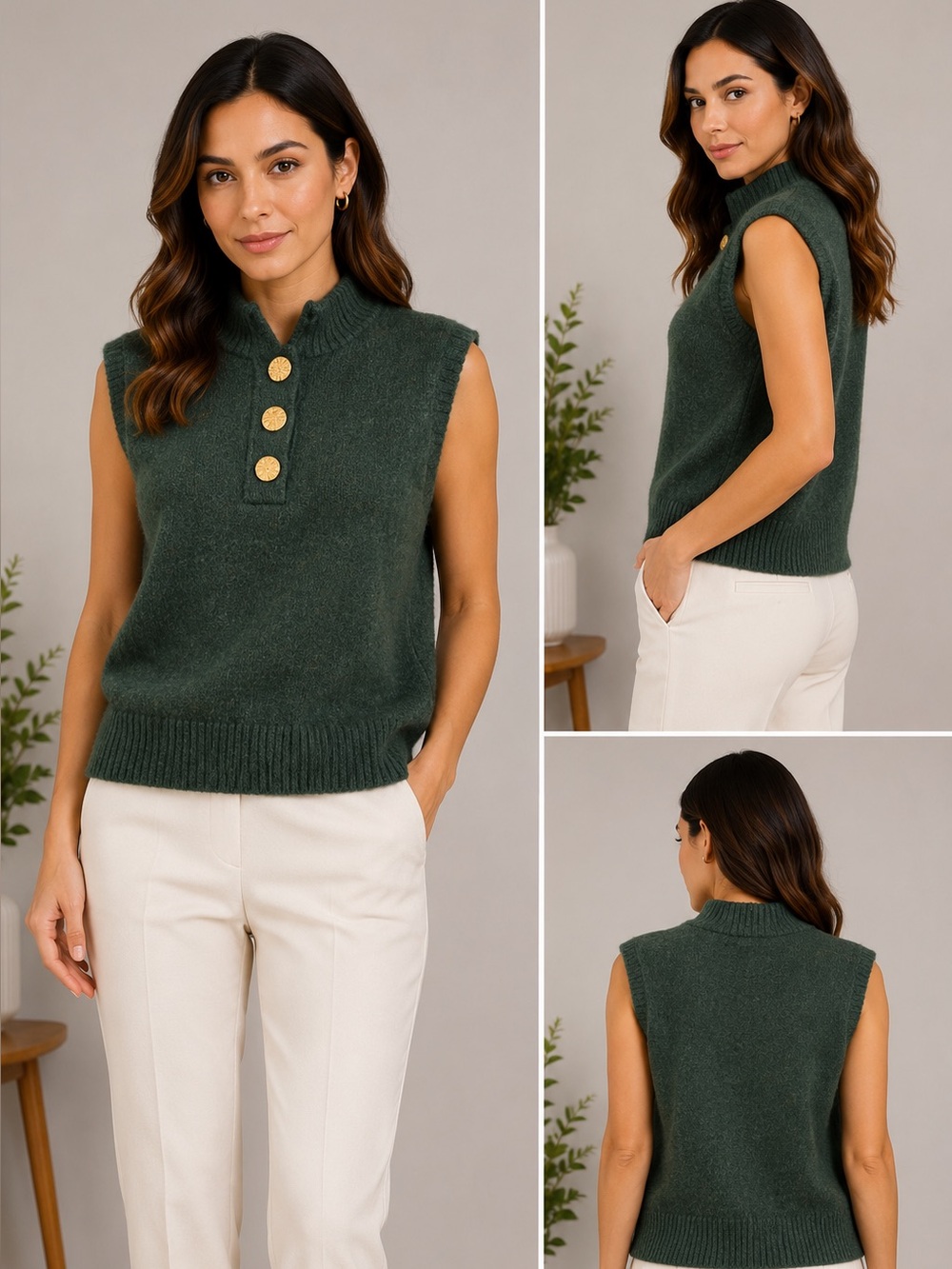 Sleeveless Mock Neck Knit Sweater Vest in Dark Green with Gold Buttons